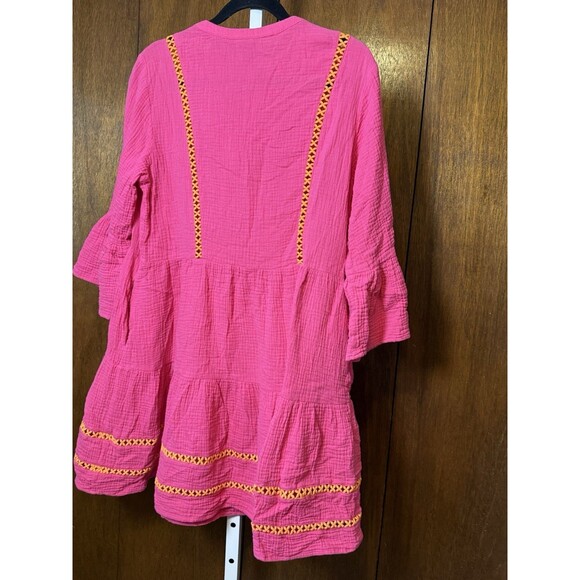 SCOOP Embroidered Tiered Cover-Up Dress M Pink/Orang Gauze Beachy Resort Pockets - Picture 6 of 6